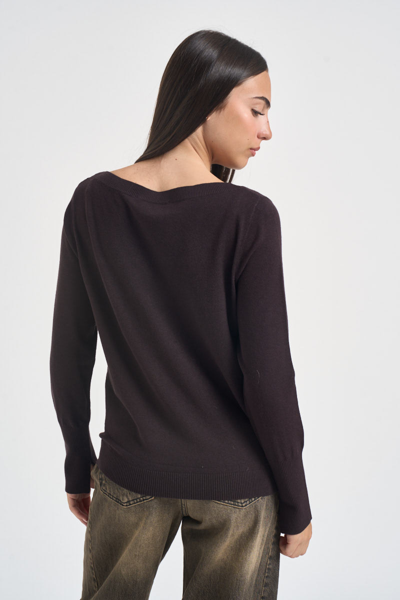 Maglia donna con scollo a barca marrone scuro SI1NT043 6028 KAOS 