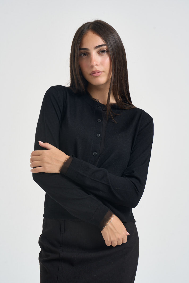 Cardigan donna girocollo in tulle nero SINT007 0001 KAOS 