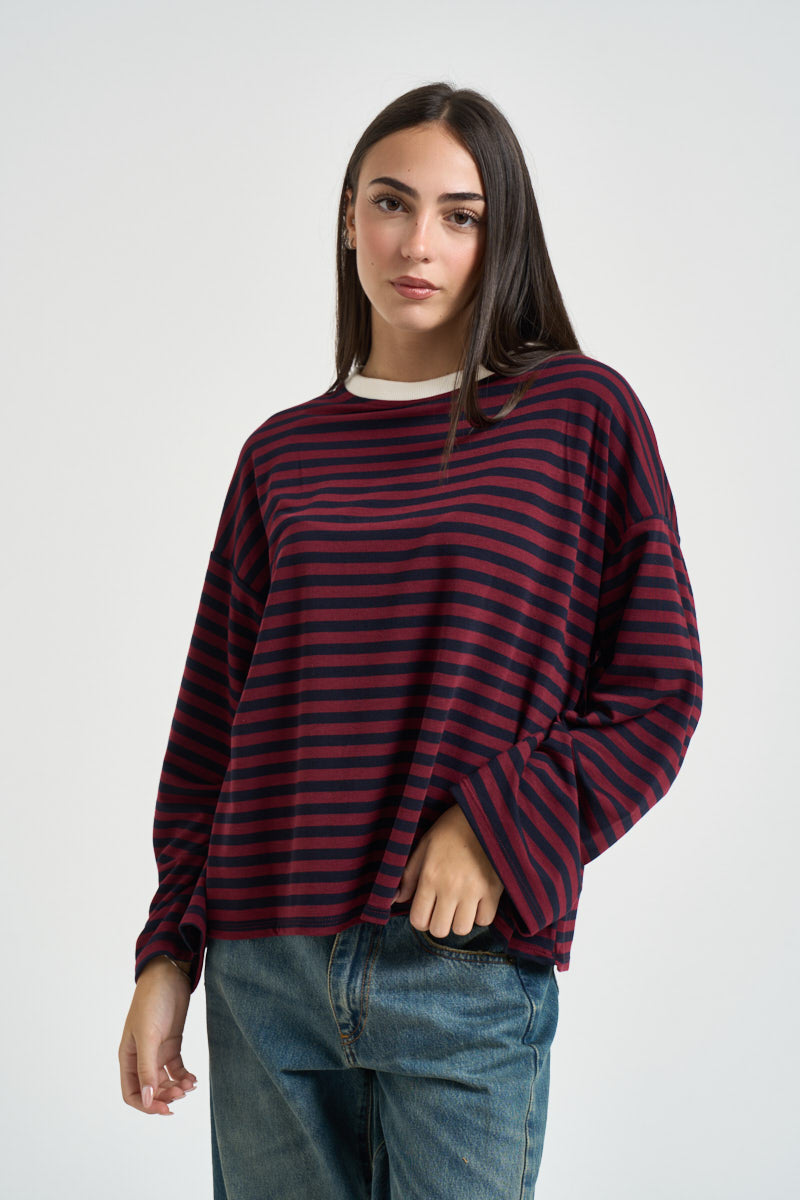 Maglia donna a righe bordeaux e blu navy KXMA3596 BLU KIKISIX 