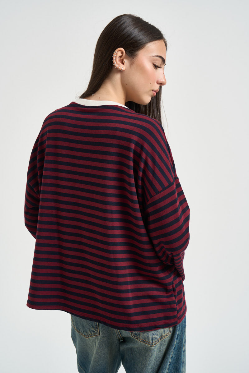 Maglia donna a righe bordeaux e blu navy KXMA3596 BLU KIKISIX 