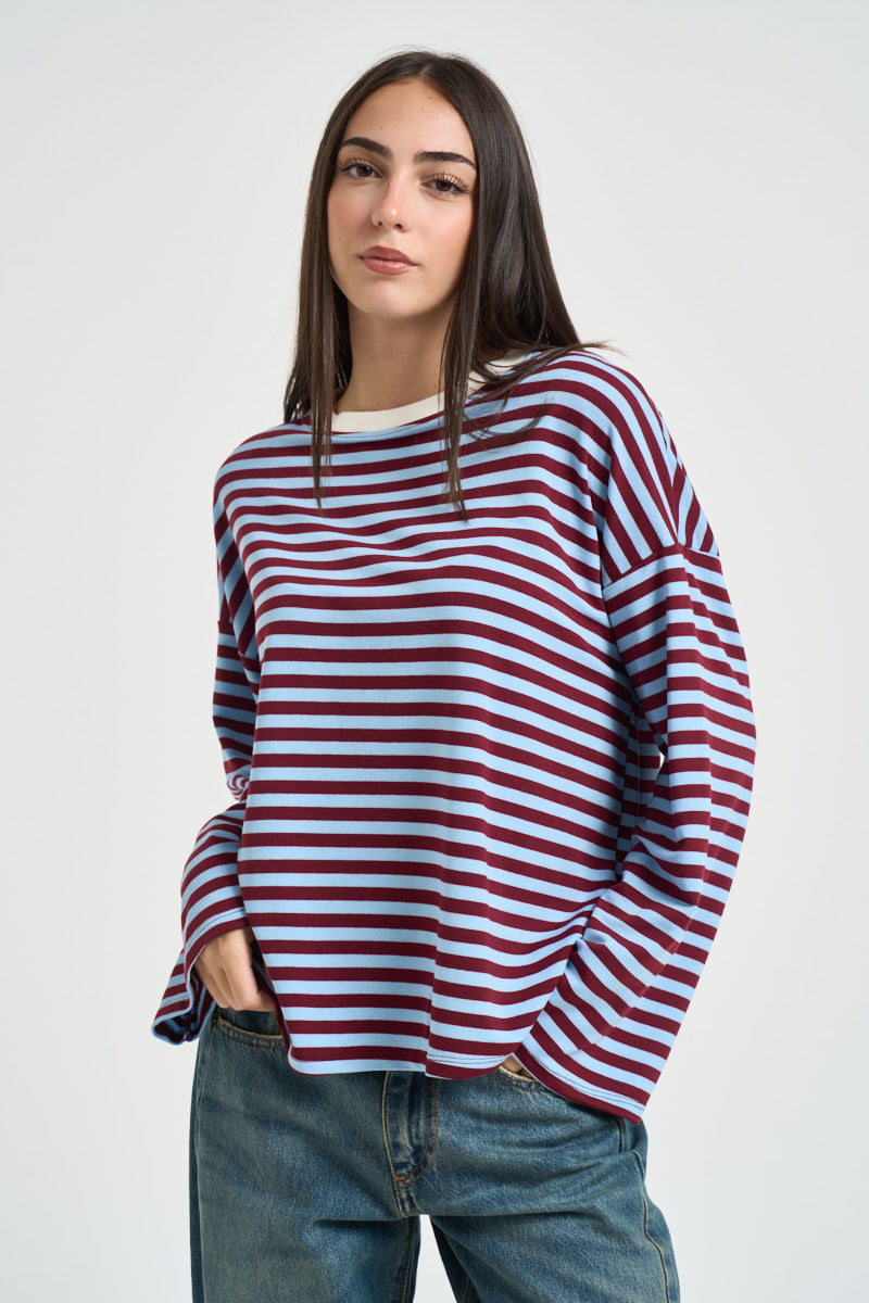 Maglia donna a righe bordeaux e celeste KXMA3596 CELESTE KIKISIX 
