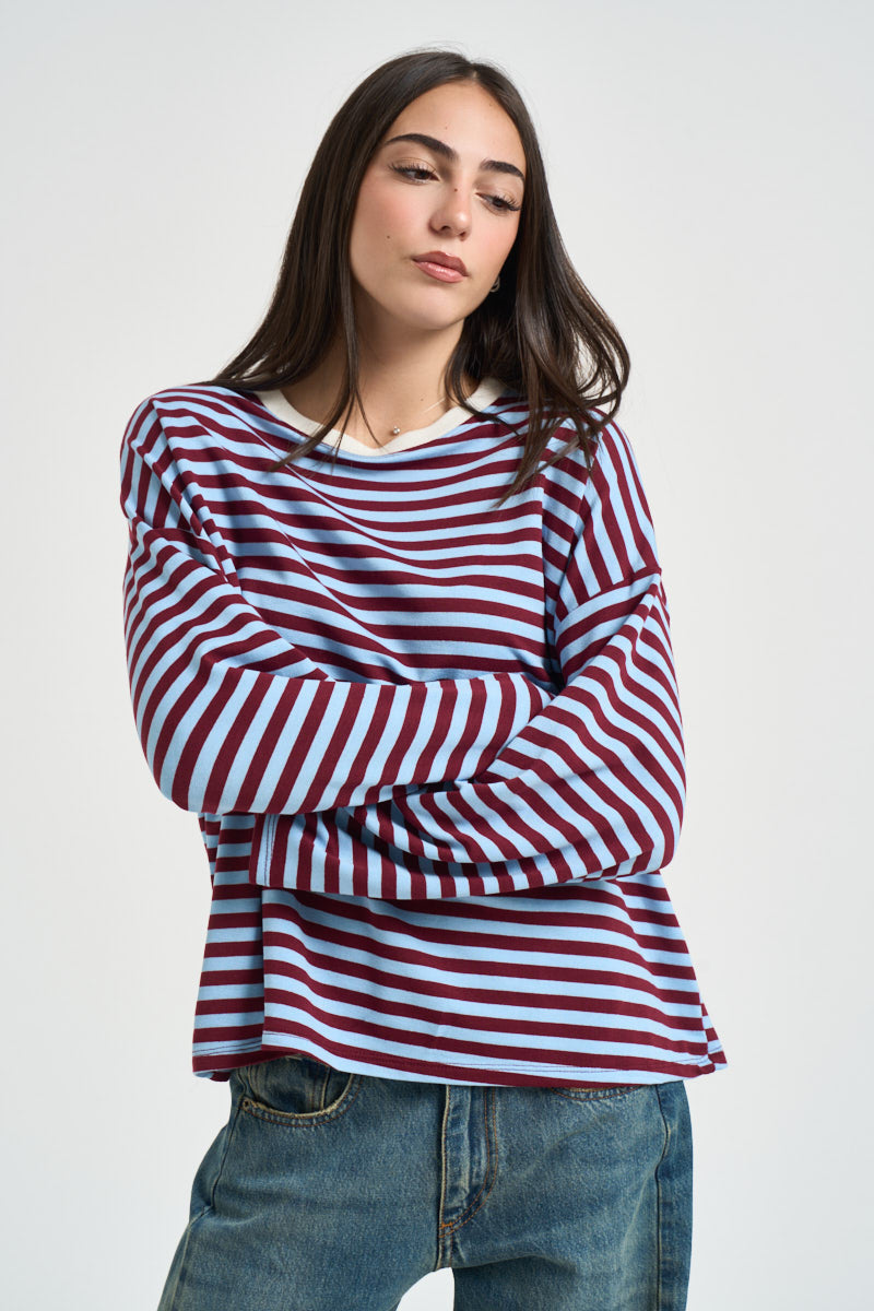 Maglia donna a righe bordeaux e celeste KXMA3596 CELESTE KIKISIX 