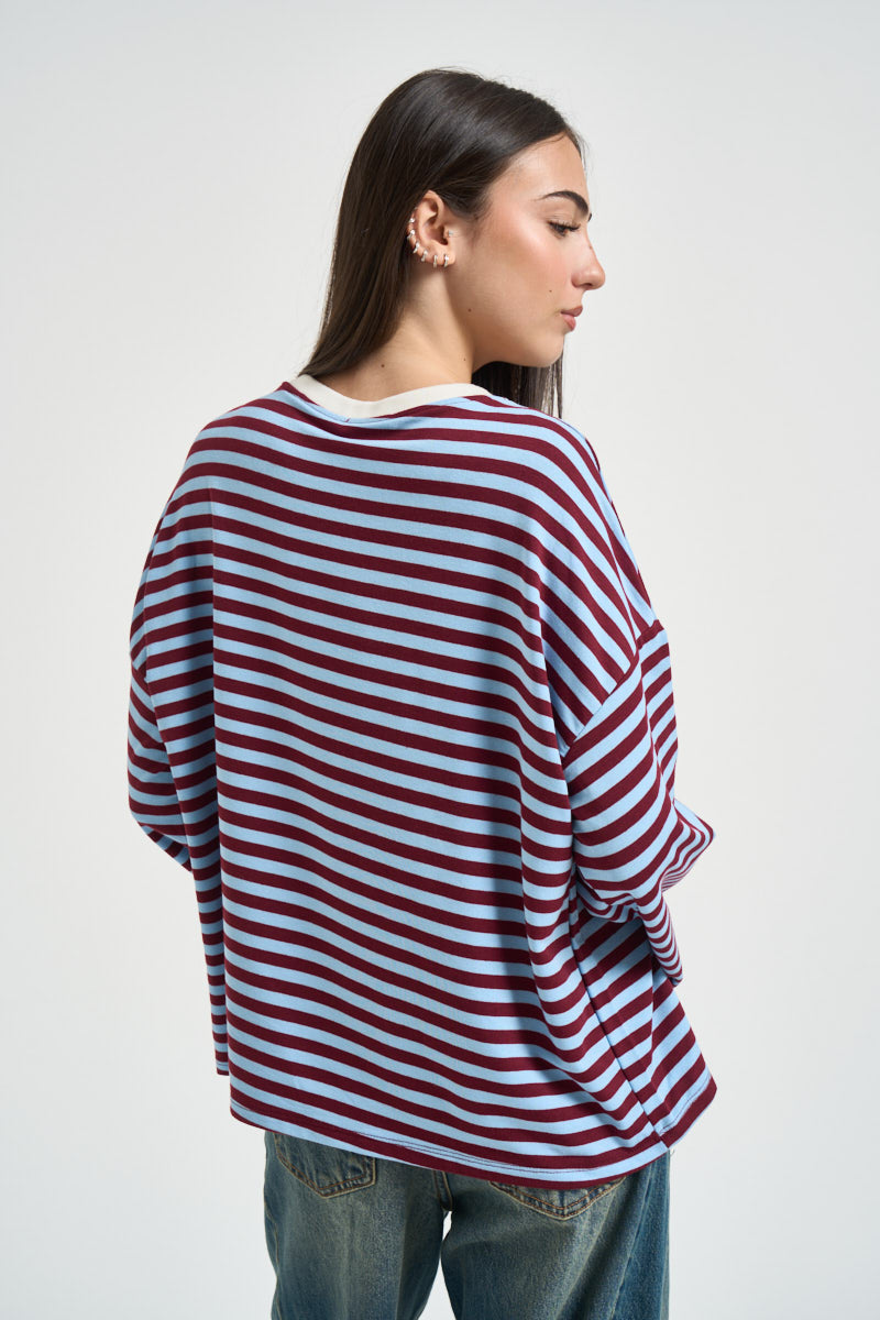 Maglia donna a righe bordeaux e celeste KXMA3596 CELESTE KIKISIX 
