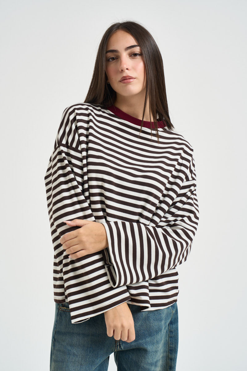 Maglia donna a righe moro e panna KXMA3596 MORO KIKISIX 