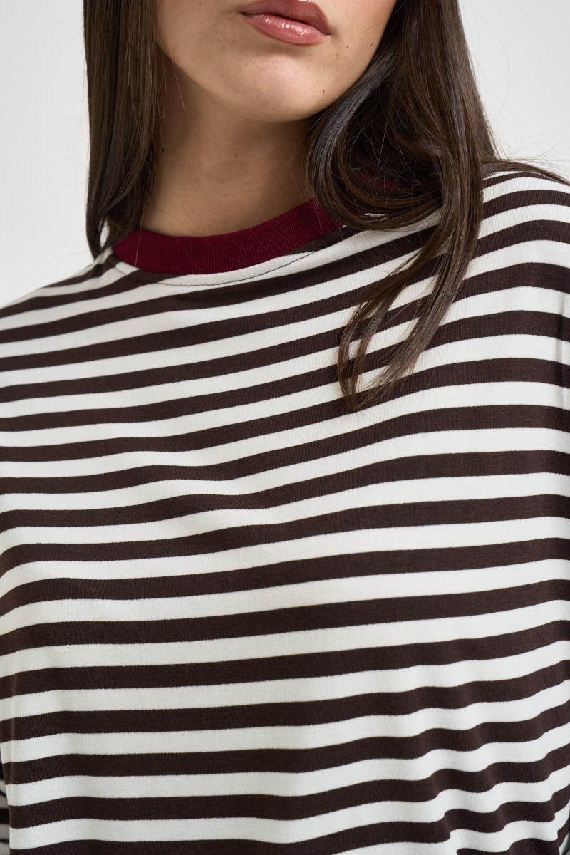 Maglia donna a righe moro e panna KXMA3596 MORO KIKISIX 