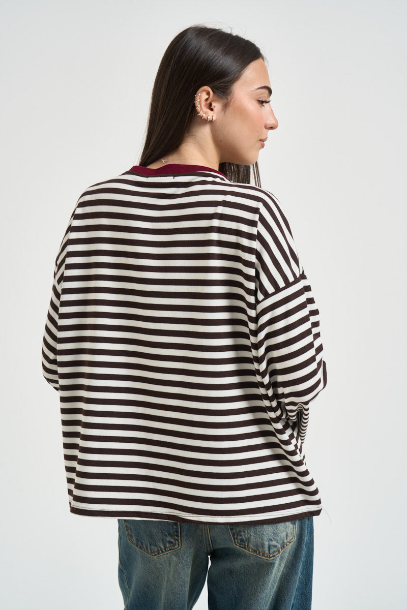 Maglia donna a righe moro e panna KXMA3596 MORO KIKISIX 