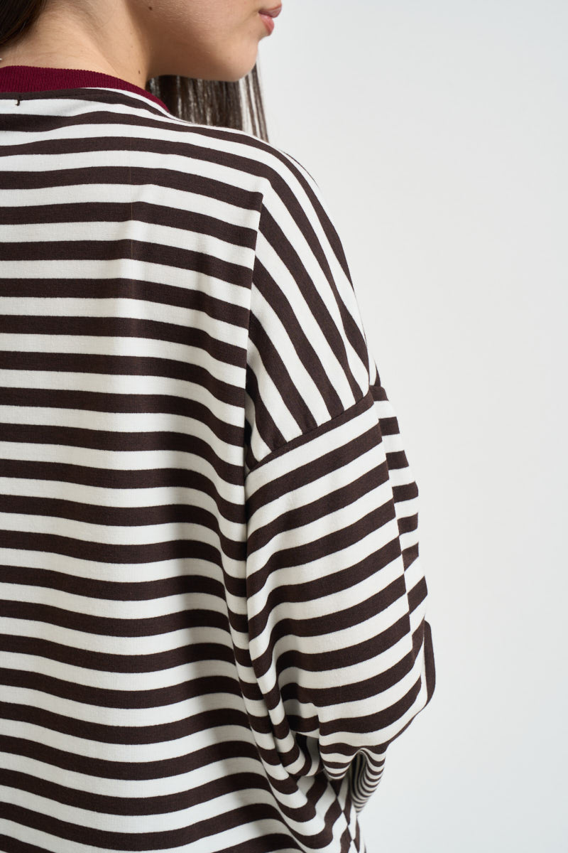 Maglia donna a righe moro e panna KXMA3596 MORO KIKISIX 