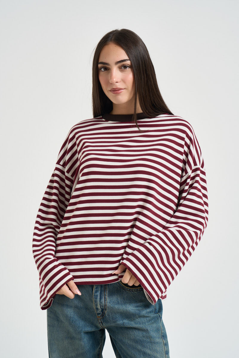 Maglia donna a righe bordeaux e panna KXMA3596 VINO KIKISIX 