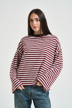 Maglia donna a righe bordeaux e panna KXMA3596 VINO KIKISIX 