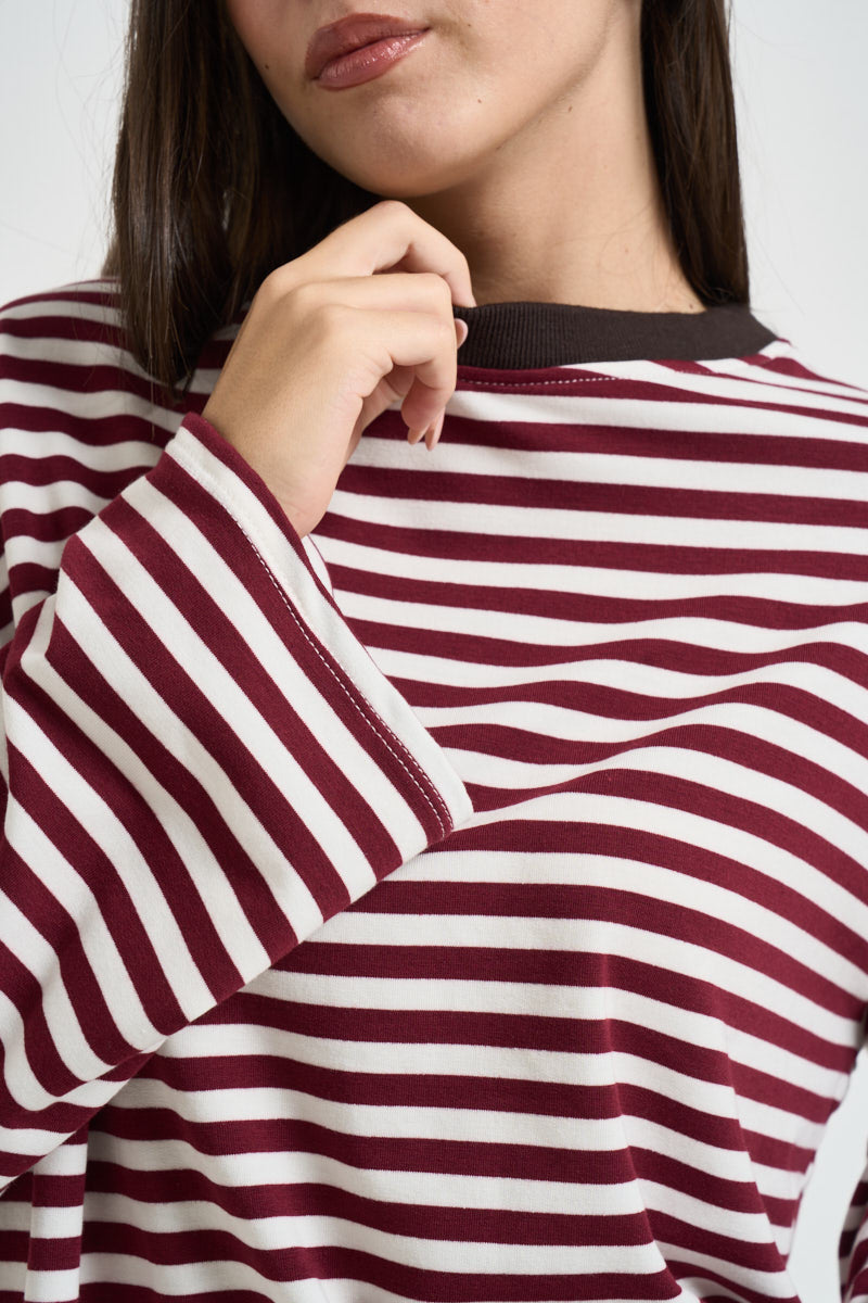 Maglia donna a righe bordeaux e panna KXMA3596 VINO KIKISIX 