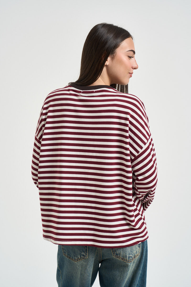 Maglia donna a righe bordeaux e panna KXMA3596 VINO KIKISIX 