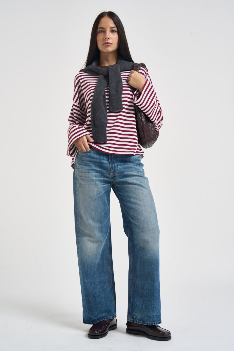Maglia donna a righe bordeaux e panna KXMA3596 VINO KIKISIX 