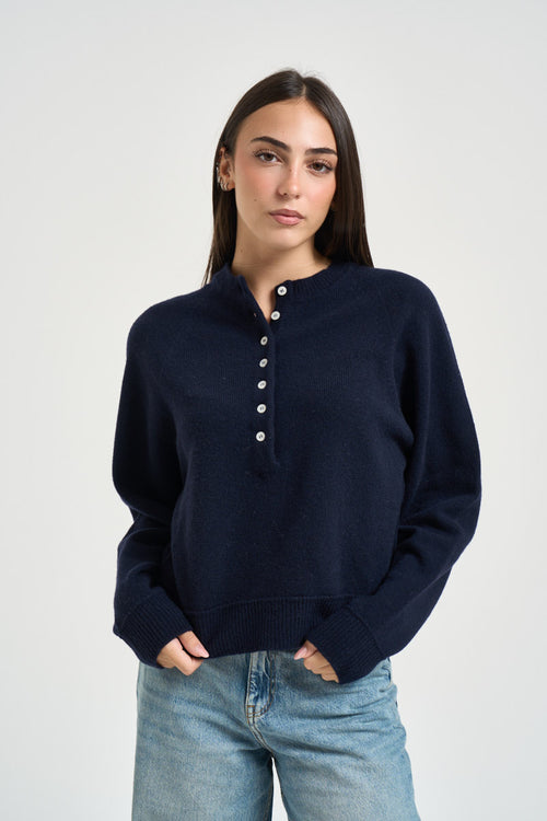 Maglia donna girocollo con bottoni blu notte - 1