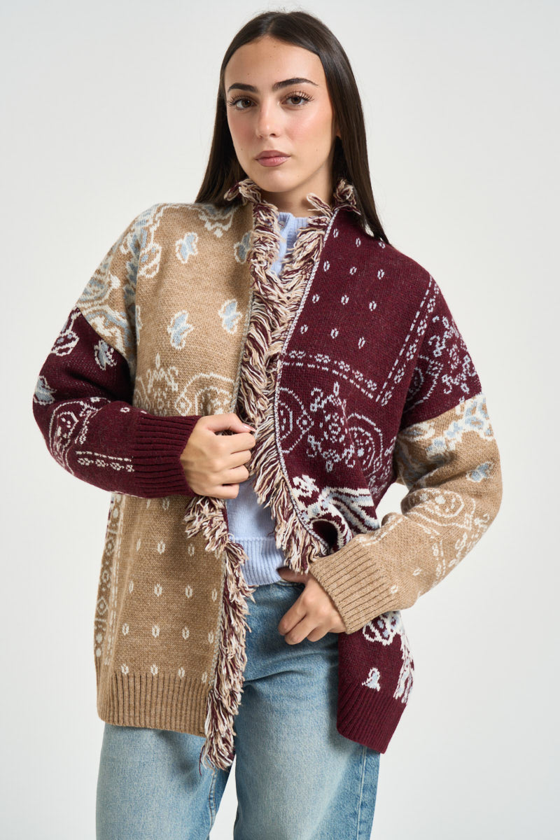 Cardigan donna con frange multicolor 3M1851 MASTICE MARSALA KONTATTO 