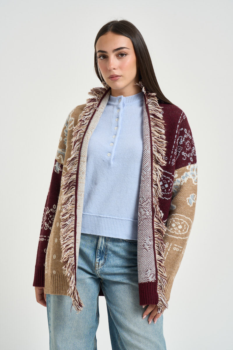Cardigan donna con frange multicolor 3M1851 MASTICE MARSALA KONTATTO 