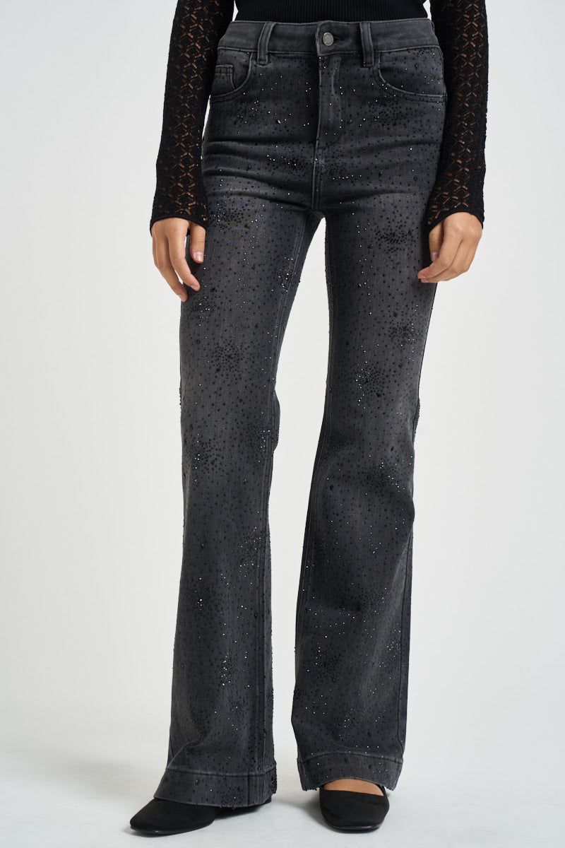 Jeans donna a zampa in denim grigio con strass UF6107 D042388219 LIU JO 