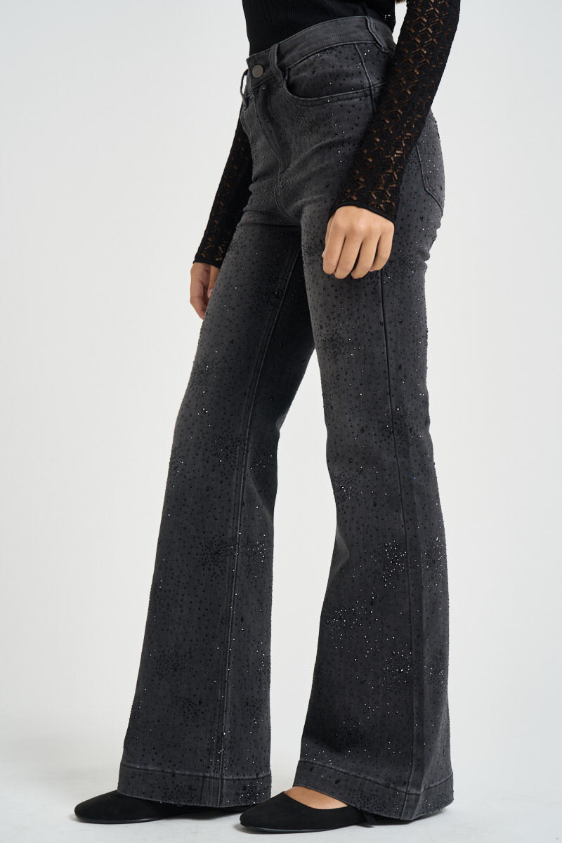 Jeans donna a zampa in denim grigio con strass UF6107 D042388219 LIU JO 