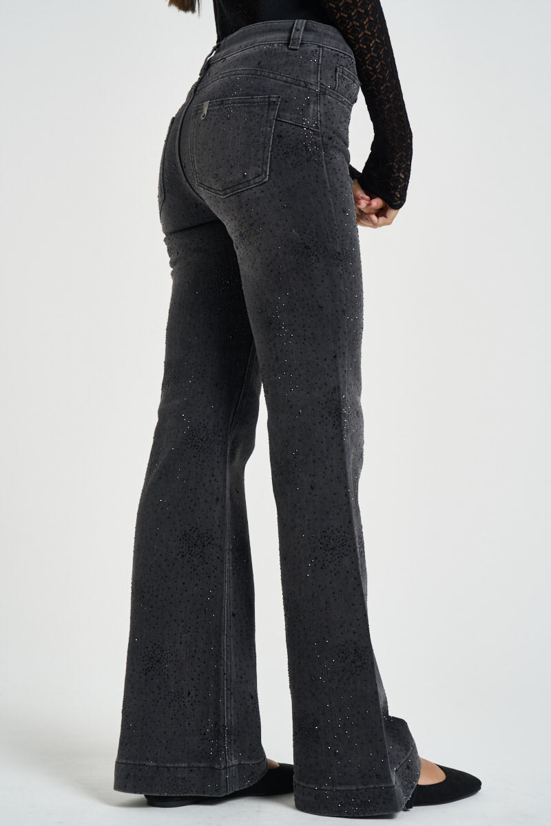 Jeans donna a zampa in denim grigio con strass UF6107 D042388219 LIU JO 