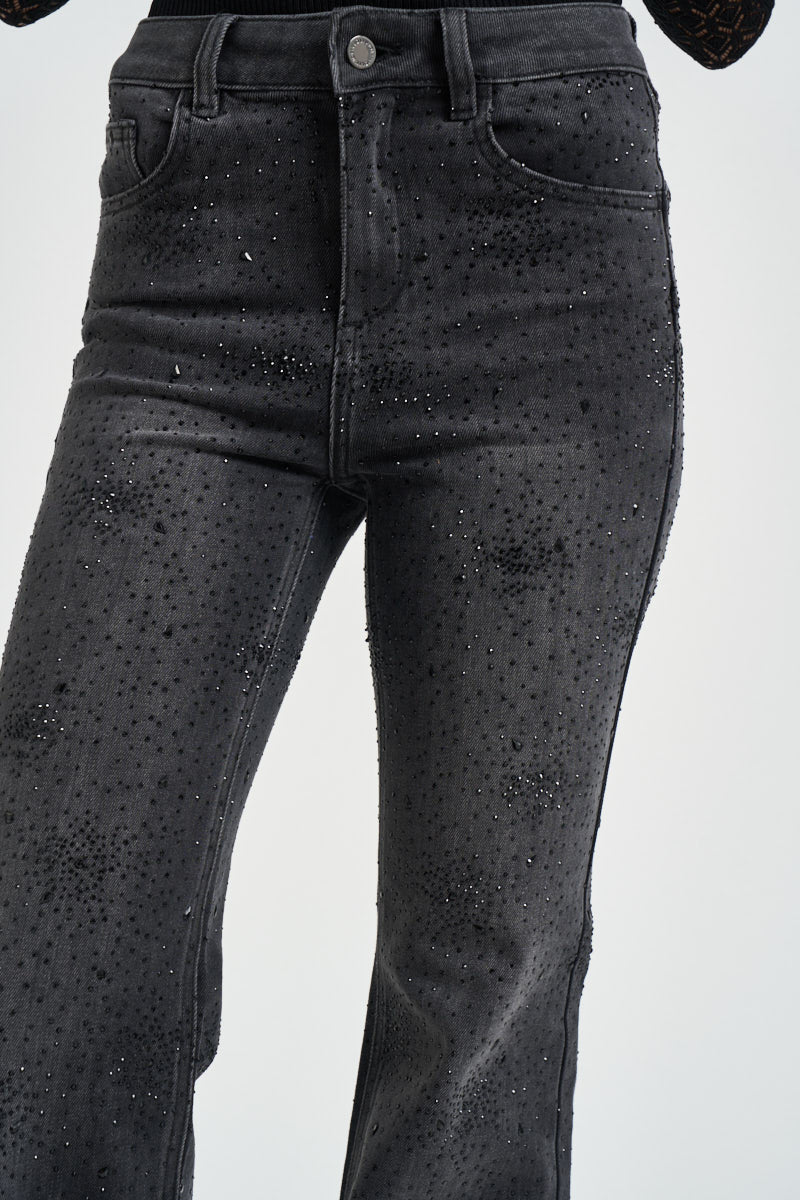 Jeans donna a zampa in denim grigio con strass UF6107 D042388219 LIU JO 