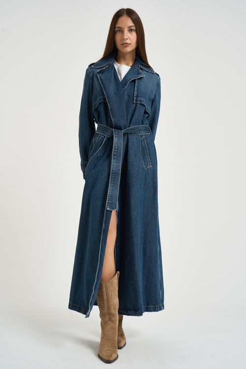 Trench donna lungo in denim blu - 1
