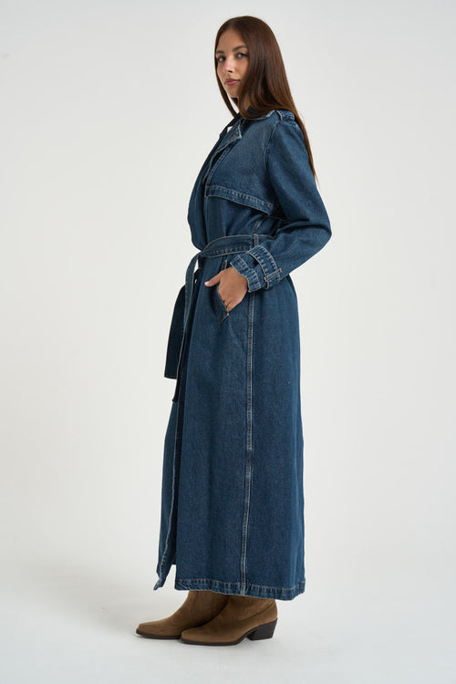 Trench donna lungo in denim blu - 2