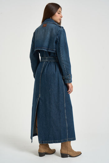 Trench donna lungo in denim blu - 3