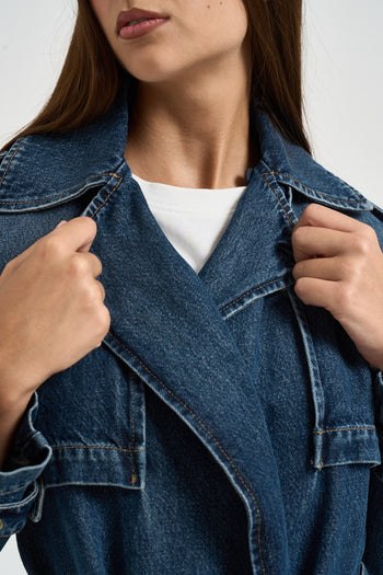 Trench donna lungo in denim blu - 5