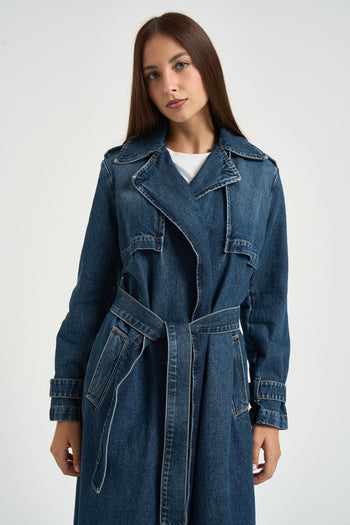 Trench donna lungo in denim blu - 6