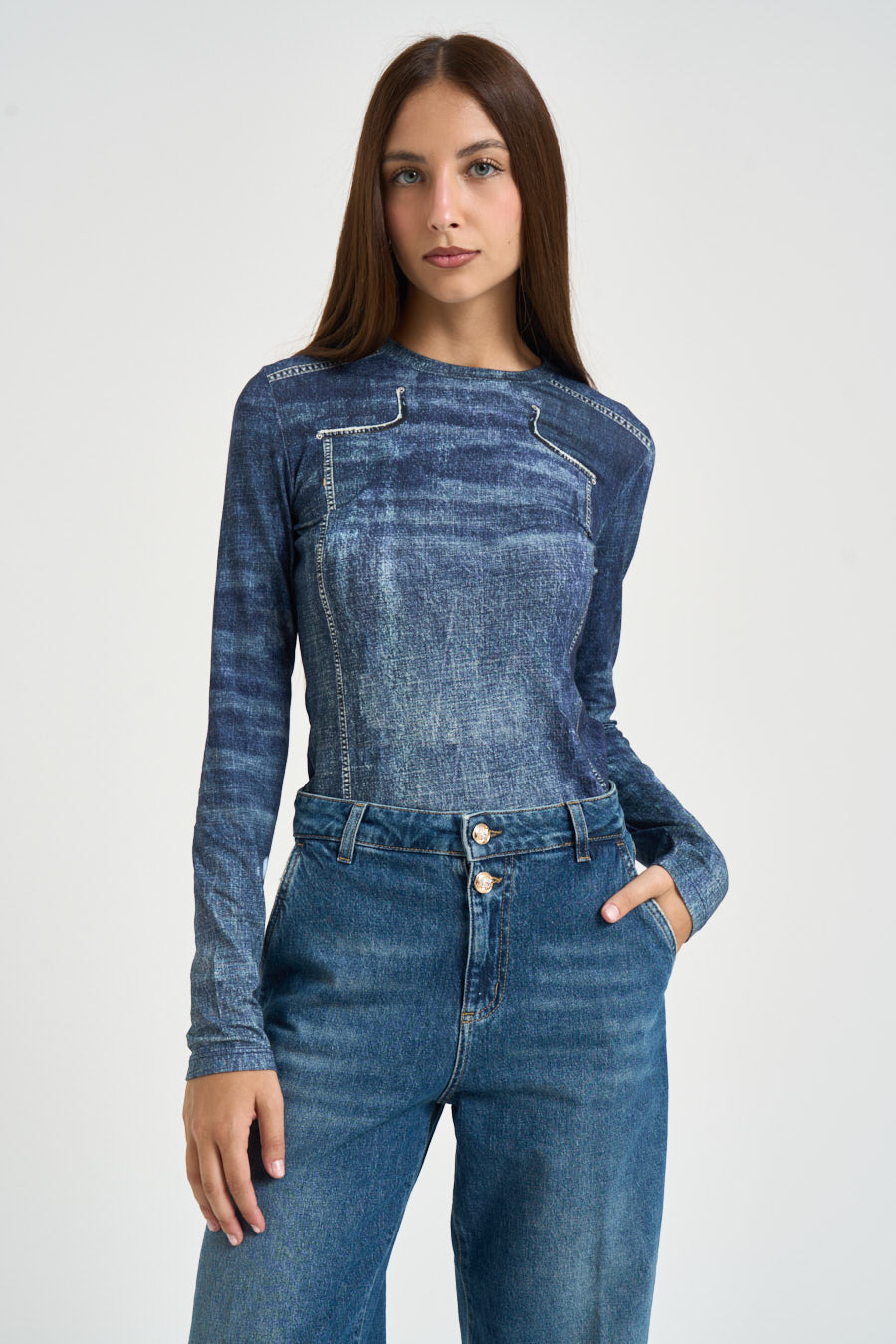Maglia donna effetto denim blu UF6515 J1624L9680 LIU JO 