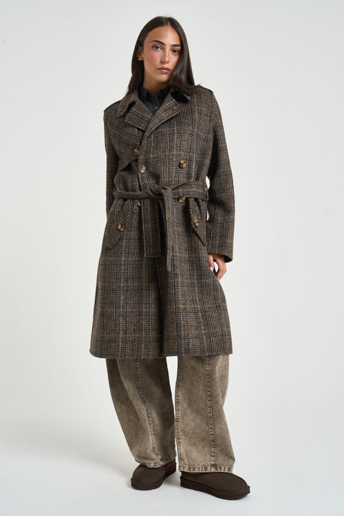 Cappotto donna doppiopetto a quadri marrone - 1