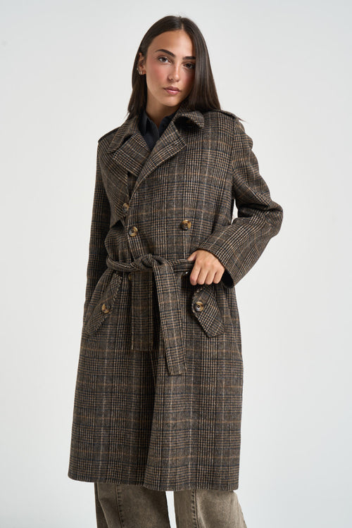 Cappotto donna doppiopetto a quadri marrone - 2