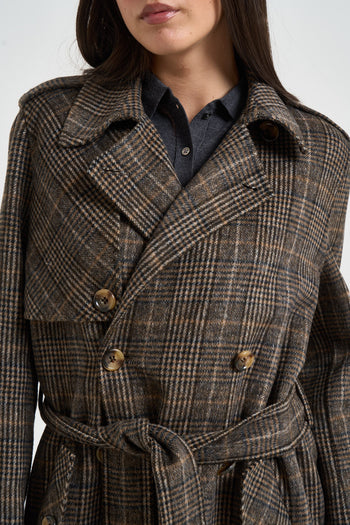Cappotto donna doppiopetto a quadri marrone - 3