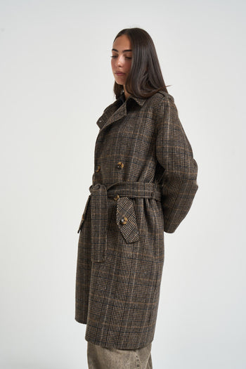 Cappotto donna doppiopetto a quadri marrone - 4