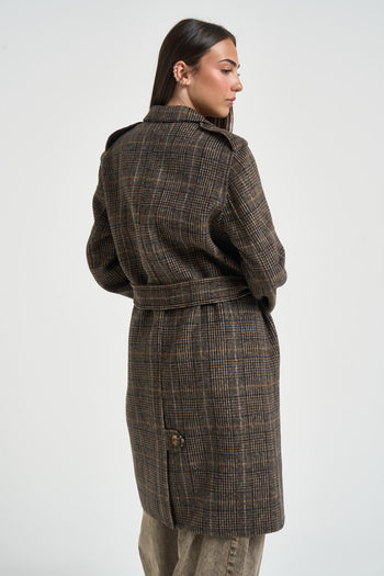 Cappotto donna doppiopetto a quadri marrone - 5