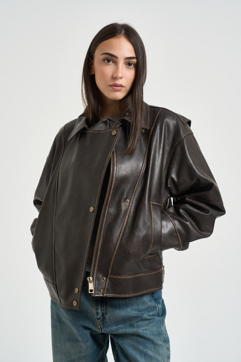 Giacca donna over in ecopelle marrone scuro WF6194 E110691419 LIU JO 