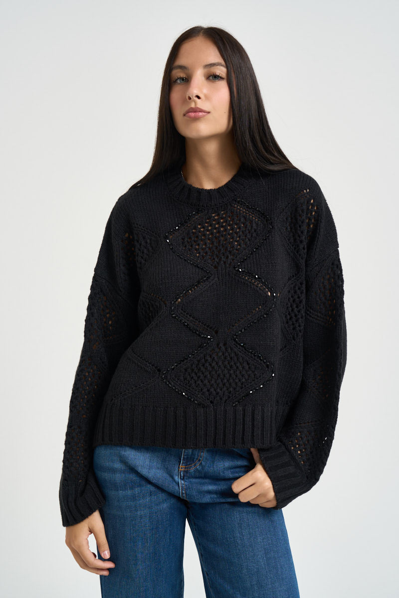Maglia donna a rombi con perline nera WF6286 MA37R22222 LIU JO 