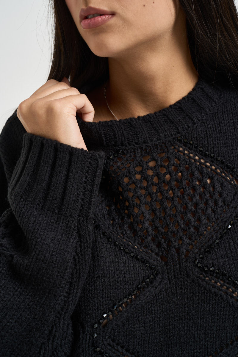 Maglia donna a rombi con perline nera WF6286 MA37R22222 LIU JO 