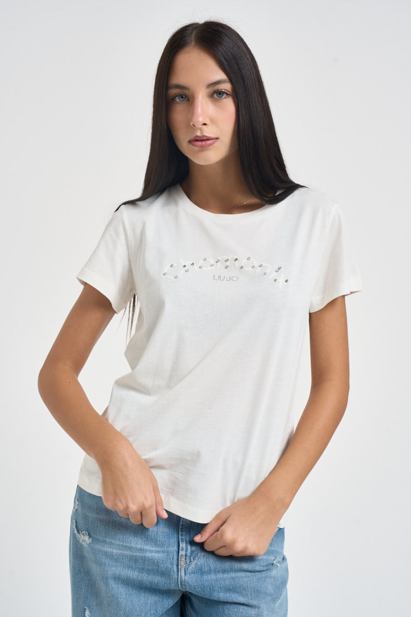 T-shirt donna con applicazioni gioello bianca TF6241 L9507 LIU JO SPORT 