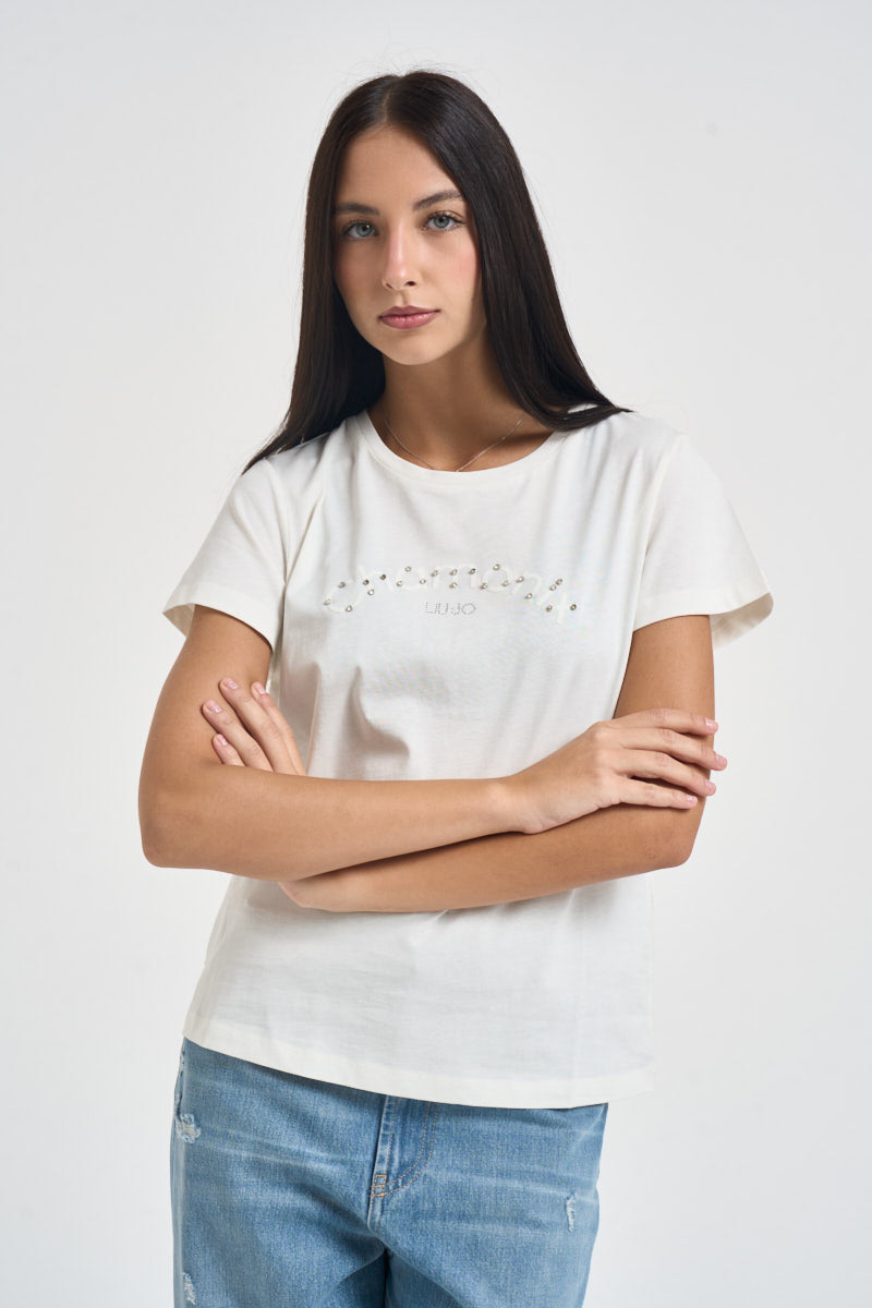 T-shirt donna con applicazioni gioello bianca TF6241 L9507 LIU JO SPORT 