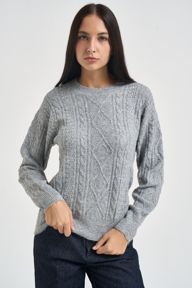 Maglia donna girocollo a trecce grigio chiaro MW2600078 GRIGIO MARKUP 
