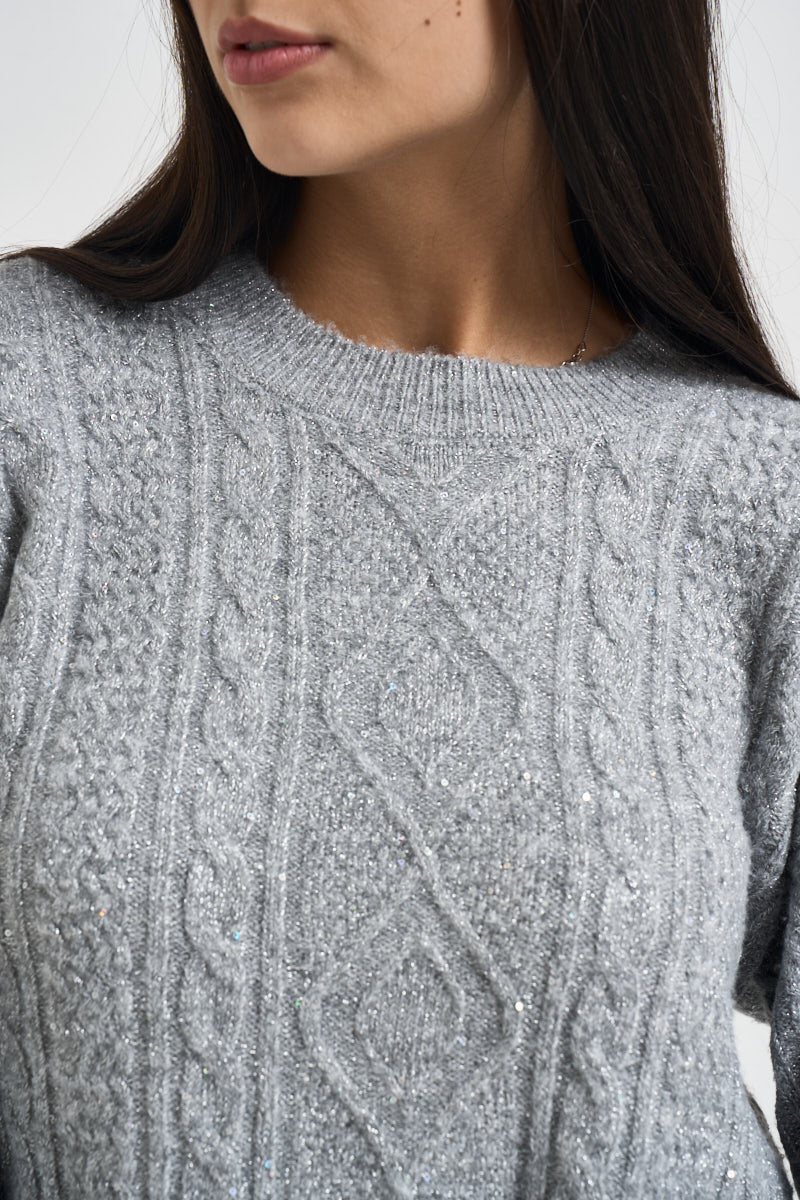 Maglia donna girocollo a trecce grigio chiaro MW2600078 GRIGIO MARKUP 