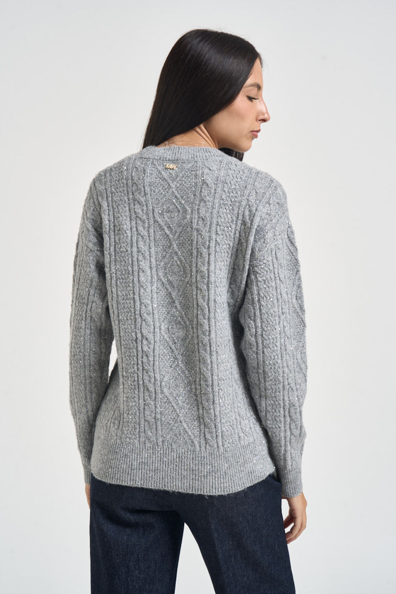 Maglia donna girocollo a trecce grigio chiaro MW2600078 GRIGIO MARKUP 