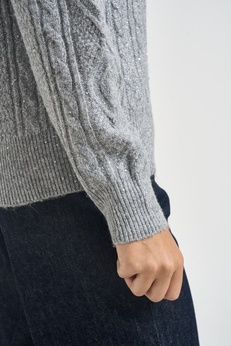 Maglia donna girocollo a trecce grigio chiaro MW2600078 GRIGIO MARKUP 