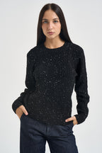Maglia donna girocollo a trecce con strass nero MW2600078 NERO MARKUP 