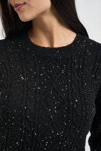 Maglia donna girocollo a trecce con strass nero MW2600078 NERO MARKUP 