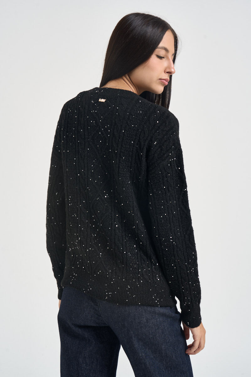 Maglia donna girocollo a trecce con strass nero MW2600078 NERO MARKUP 