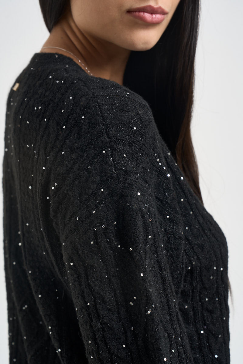 Maglia donna girocollo a trecce con strass nero MW2600078 NERO MARKUP 