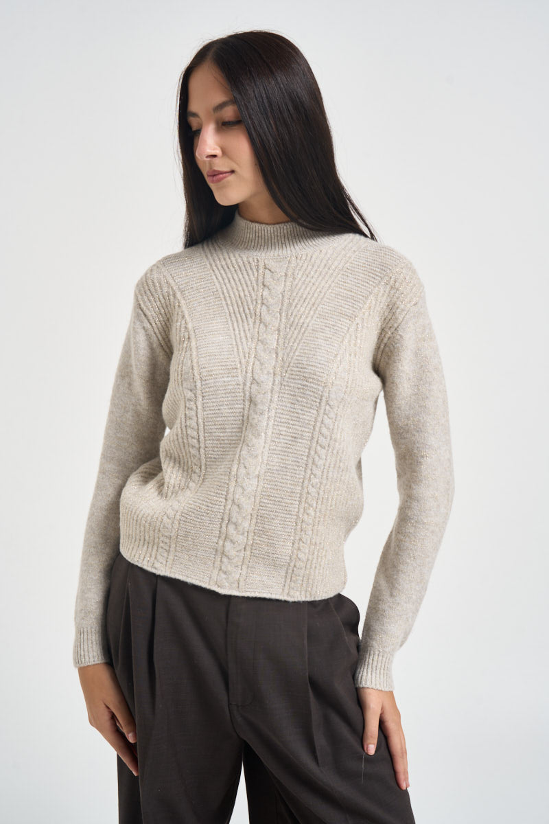 Maglia donna con lavorazione a treccia e a coste tortora mélange MW2600088 CASHA MARKUP 