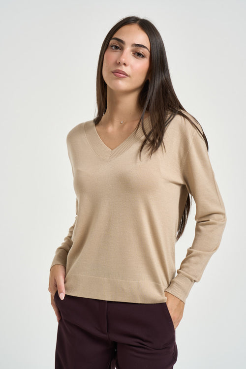 Maglia donna scollo a V beige