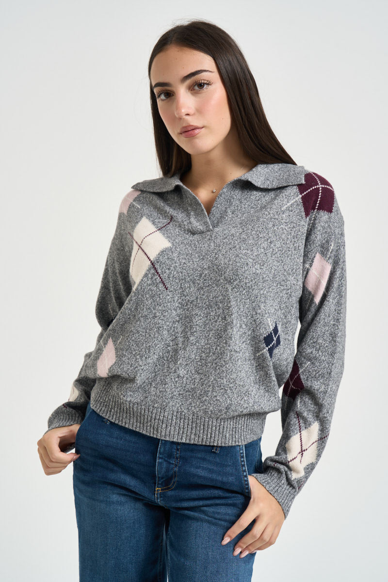 Polo donna in maglia a rombi grigio mélange D82468 GRIGIO MOTEL 